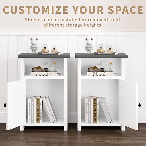 Miniatura 8 de Juego de 2 mesas auxiliares de granja, mesitas de noche con puerta de granero y estante de almacenamiento, mesa auxiliar de cama blanca rústica para