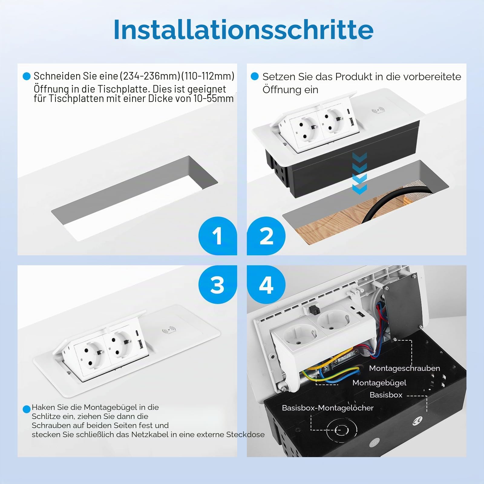 5 in 1 Versenkbare Steckdose Einbausteckdose mit Kabellosem, Ladegerät PD20W Schnelllade USB C Tischsteckdose für Arbeitsplatte,Schreibtisch mit 1.8M Kabel Winkel verstellbar für Küche Büro
