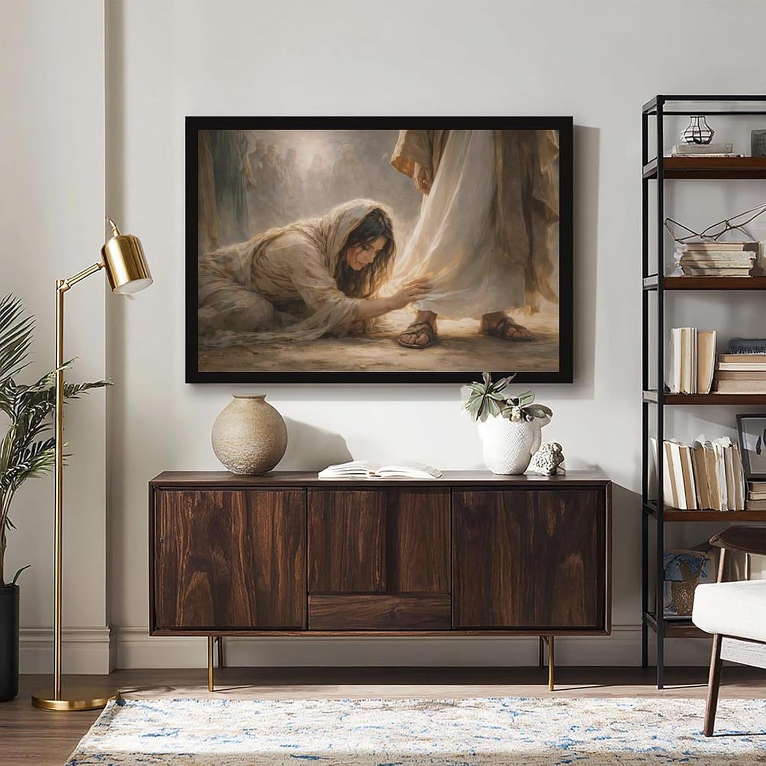 Black Framed Christian Wall Art - Woman Touching Jesus Hem Canvas Print, Biblical Healing Miracle Painting, Modern Religious Decor for Living Room, Spiritual Faith Gifts, Ready to Hang (24" x 16")