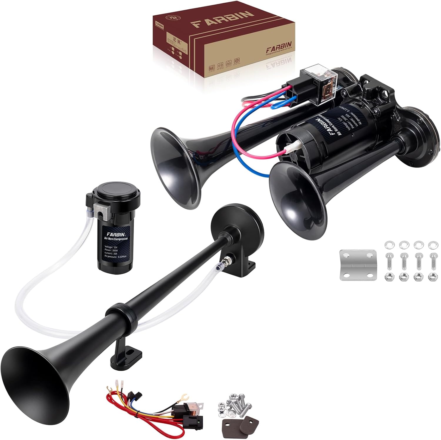FARBIN Black Air Horn with compressor with 18" Single Trumpet Truck Horn with Compressor and Wire Harness