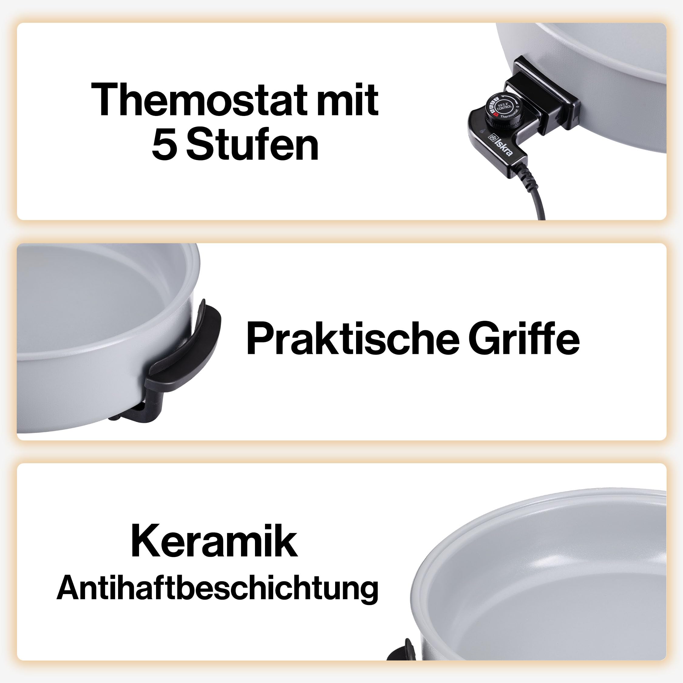 Iskra große elektrische Partypfanne mit Deckel, Keramik Beschichtung, 40 cm x 9 cm