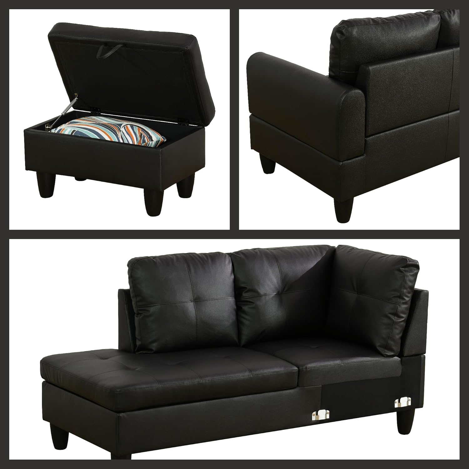 L Shaped Couch Sectional Couches with Chaise and Storage Ottoman, 3 Pieces Modular Convertible Sofa for Living Room Furniture Sets and Small Apartment Faux Leather, Black