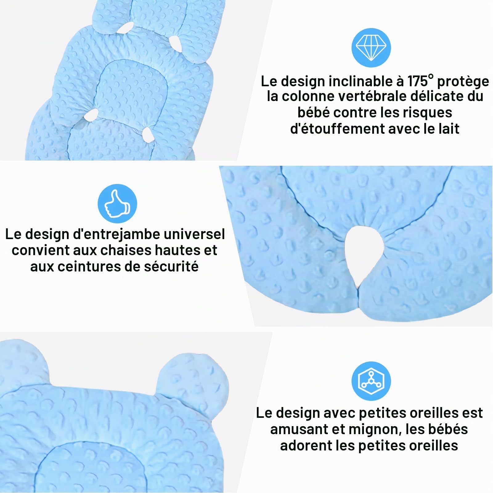 Réducteur de siège bébé avec appui-tête – Housse de siège souple pour siège bébé, landau et siège auto – Respirant et lavable – Bleu