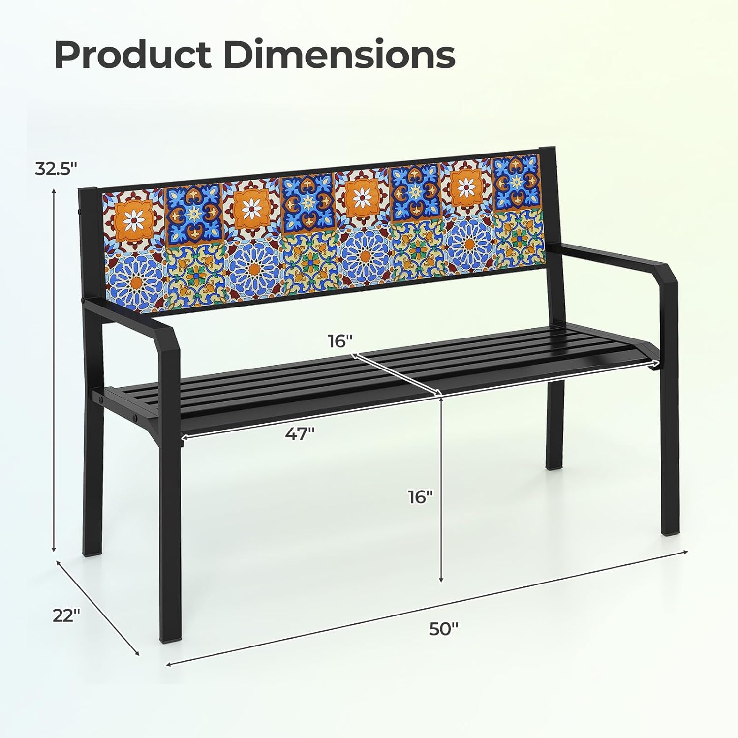 Tangkula 50" Metal Patio Park Bench, Modern Outdoor Classic Slatted Loveseat for 2-3 People with Curved Seat & Mosaic Backrest, Heavy-Duty Outdoor Seating for Backyard, Poolside, Porch
