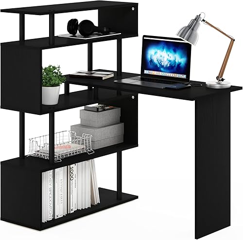 Miniatura 20 de Furinno Moore - Escritorio para computadora en forma de L con estantes de 3 niveles, roble francés Roble