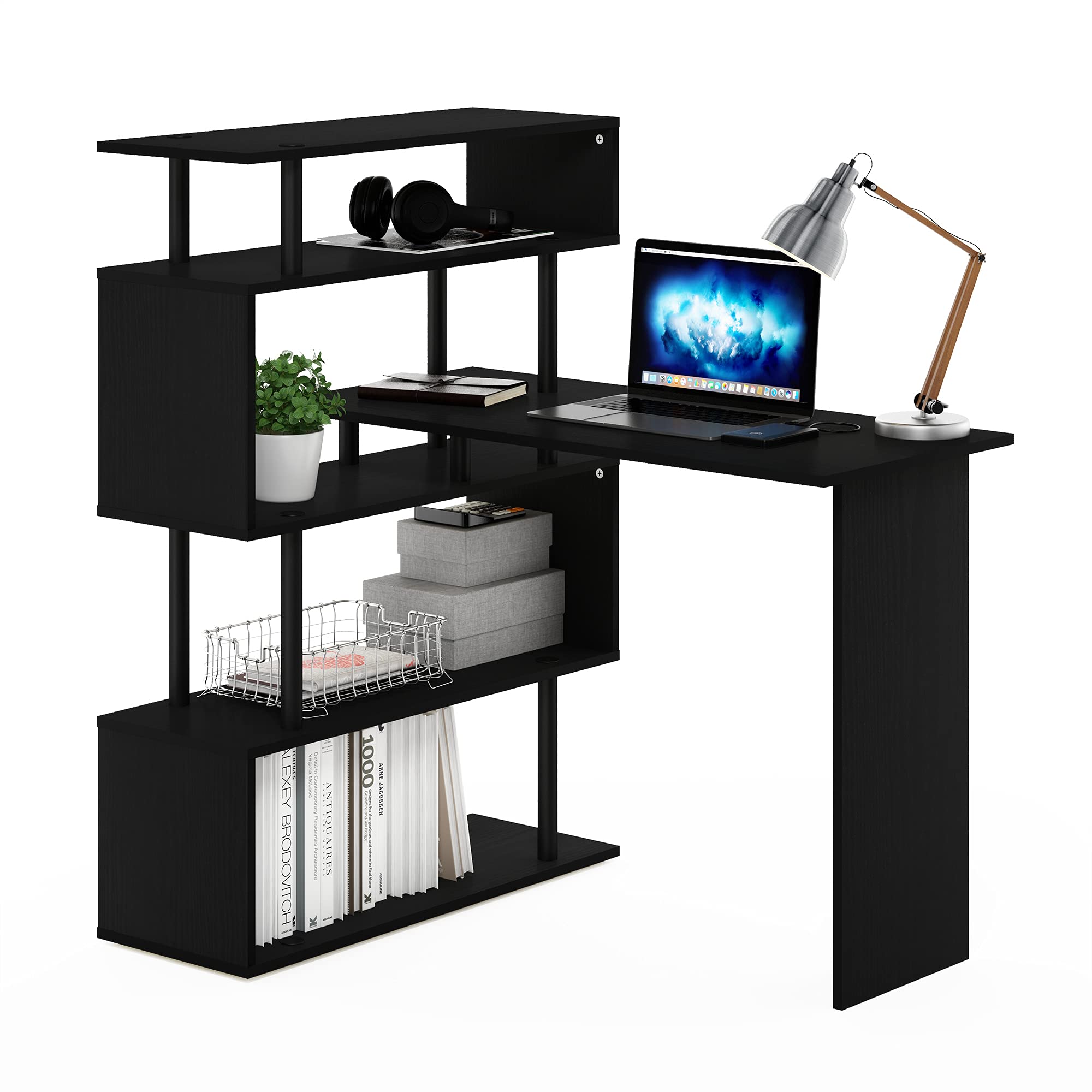 Bureau d'ordinateur en L Furinno Moore meuble d'angle avec étagère de rangement bois Americano