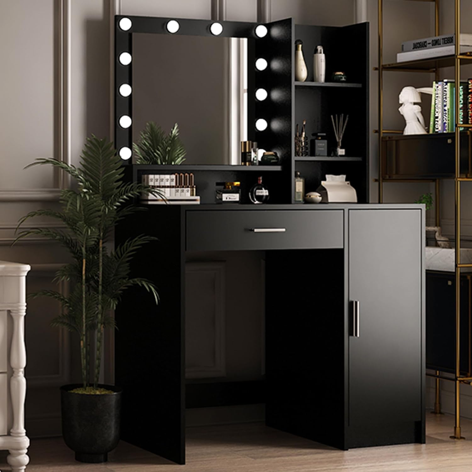 Vanity Desk with Mirror & Light, Three Level Storage Dresser & Large Drawer, 3 Lighting Modes Adjustable Brightness, Bedroom Dressing Table (Black)