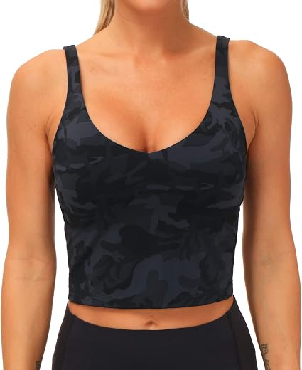 THE GYM PEOPLE Womens Camo Longline Sports Bra Wirefree Padded Medium Support Yoga Bras Gym Running Workout Tank Tops - Image 6