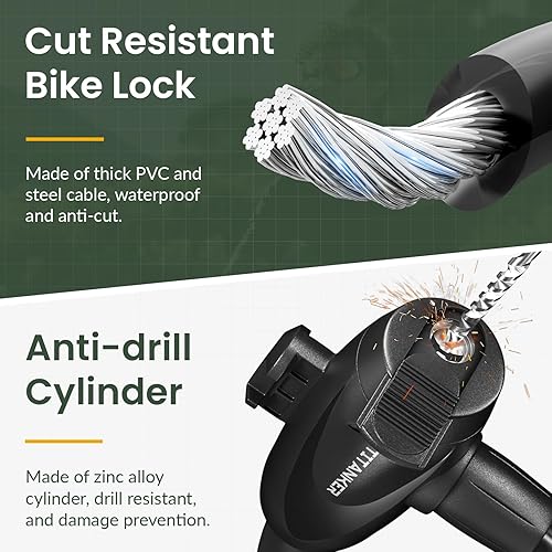 Miniatura 4 de Titanker Candado de bicicleta, cable de bloqueo de bicicleta de 12 pulgada de grosor, bloqueo seguro para bicicleta con llaves, candado de