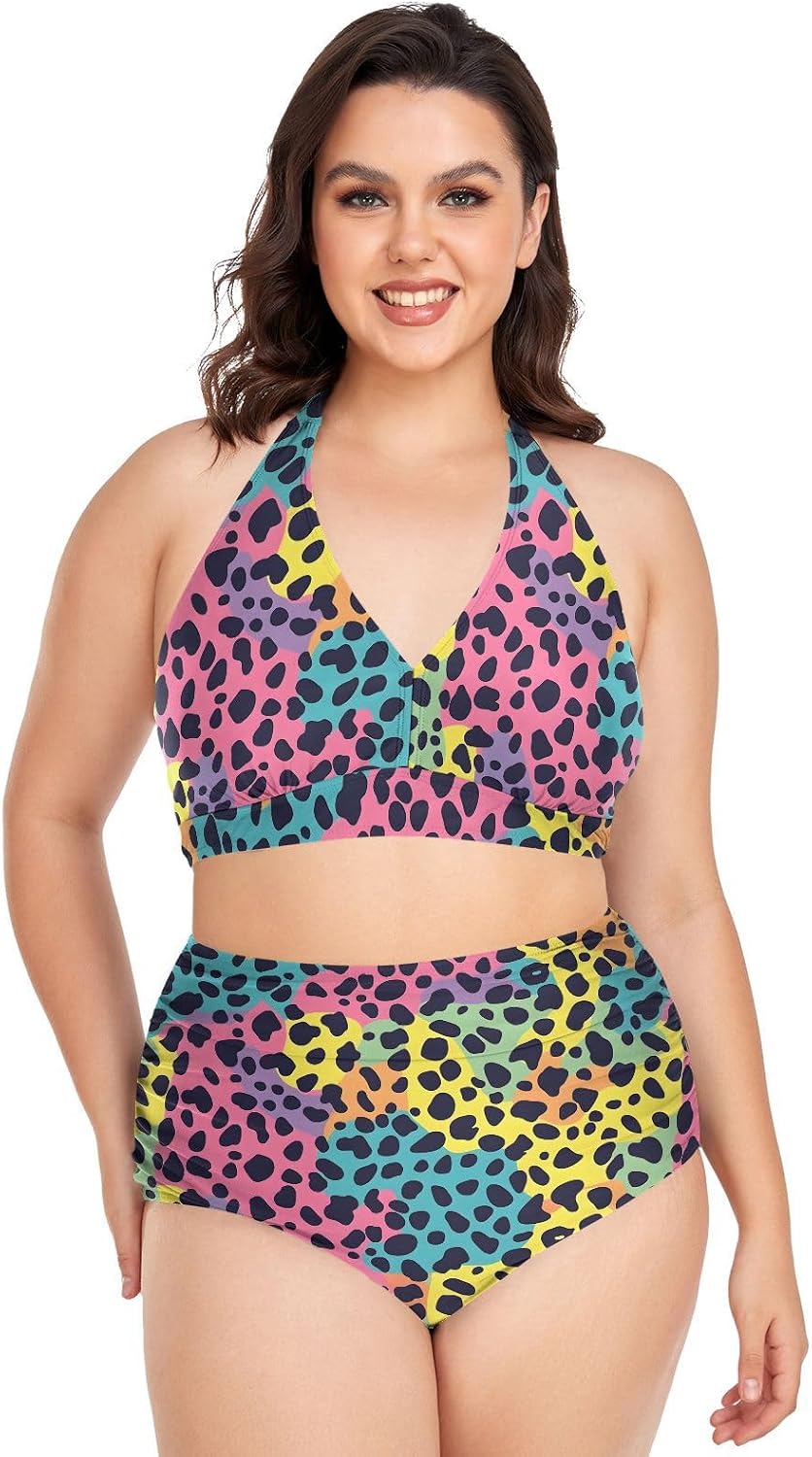 Plus Size Swimsuits for Women Rainbow Leopard Bikini Sets High Waisted Two Piece Sexy Bikini Swimsuits Tummy Control