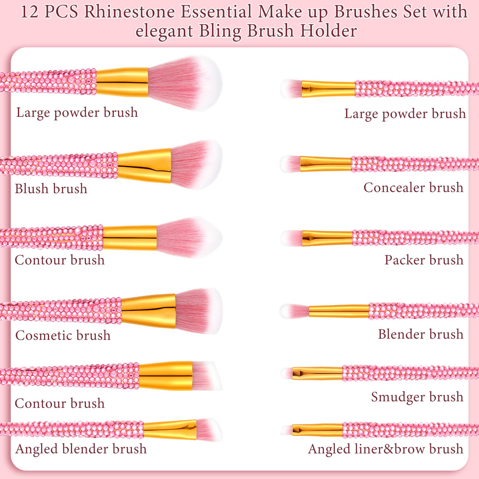 Rtteri 13 Pcs Rhinestone Makeup Brushes Set Yellow Bling Crystal Professional Face Cosmetics Blending Liquid Foundation Powder Concealer Eye Shadows Make up Beauty Tool Glitter with Holder