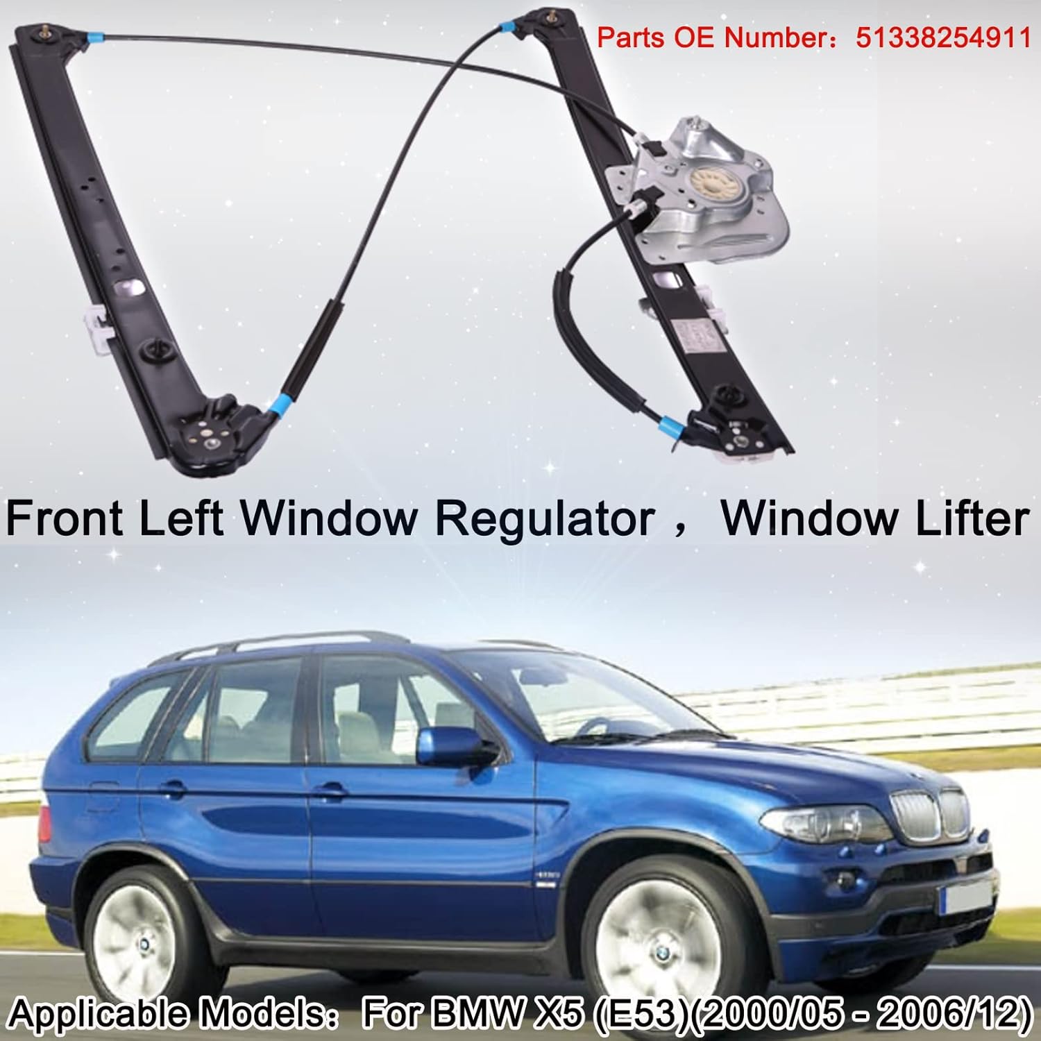 Window Regulator Front Left Door Window Lifter Mechanism with Motor for BMW X5 E53 2000/05-2006/12 51338254911