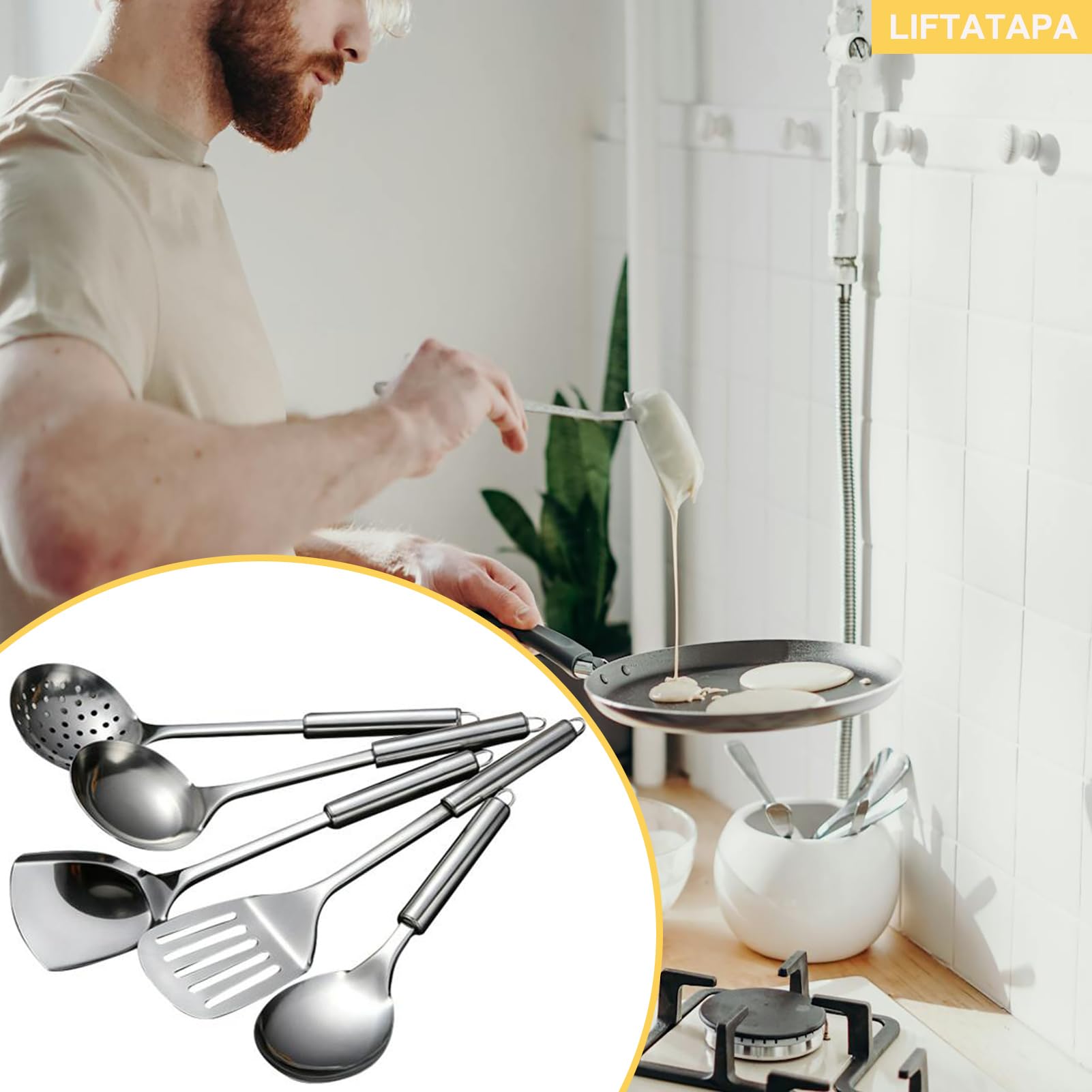 Set di 5 utensili da cucina, utensili da cucina in acciaio inox, resistenti al calore, set di utensili wok con cucchiaio scanalato, spatola scanalata, cucchiaio grande, zuppa, spatola