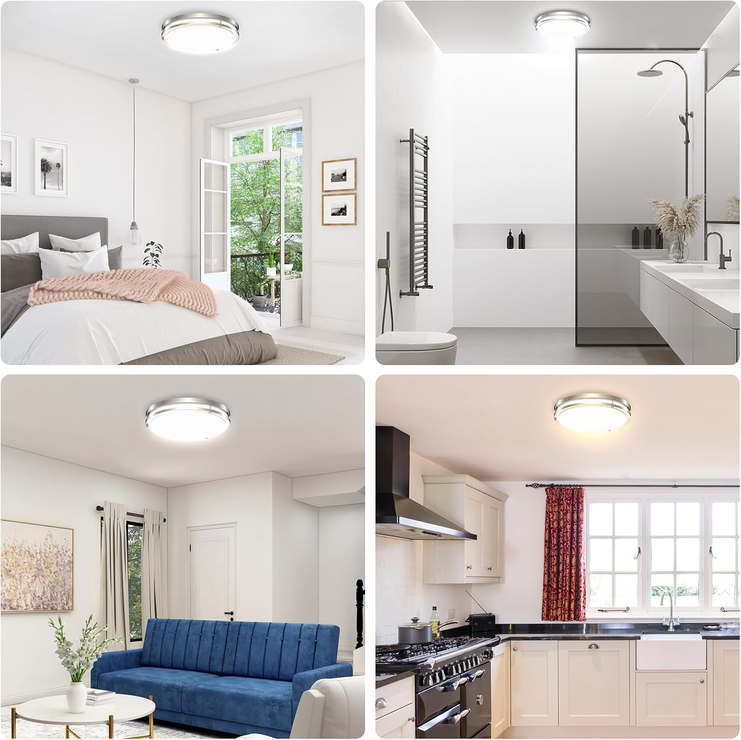 Energetic 14 Inch LED Flush Mount Ceiling Light Fixture, 3000K/4000K/5000K Color Adjustbale, Dimmable Ceiling Light for Bedroom, Kitchen, Bathroom, Study, 24W, 1560LM, Nickel, ETL Listed, 1 Pack