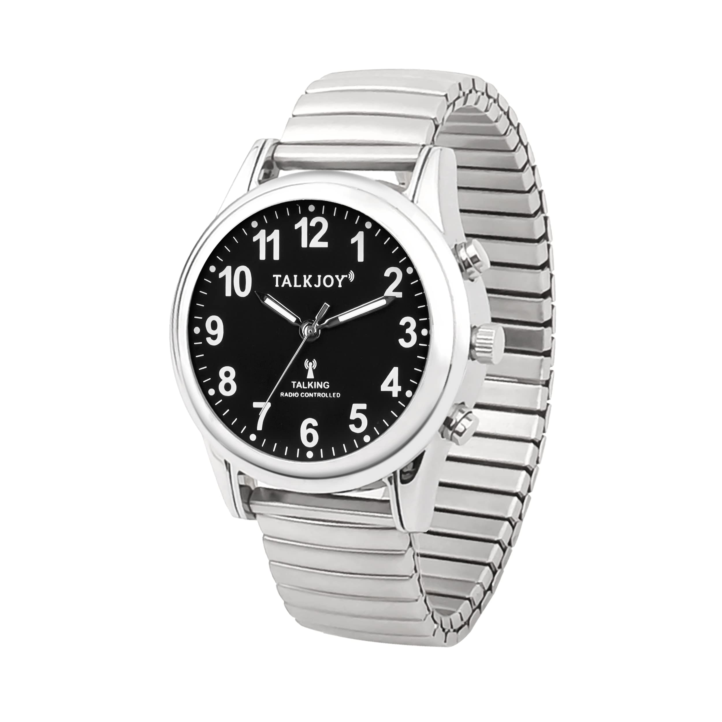 Funkuhr Damen Sprechende Armbanduhr Uhr Funkarmbanduhr Silber Blindenuhr schwarzes Zifferblatt Metallzugarmband