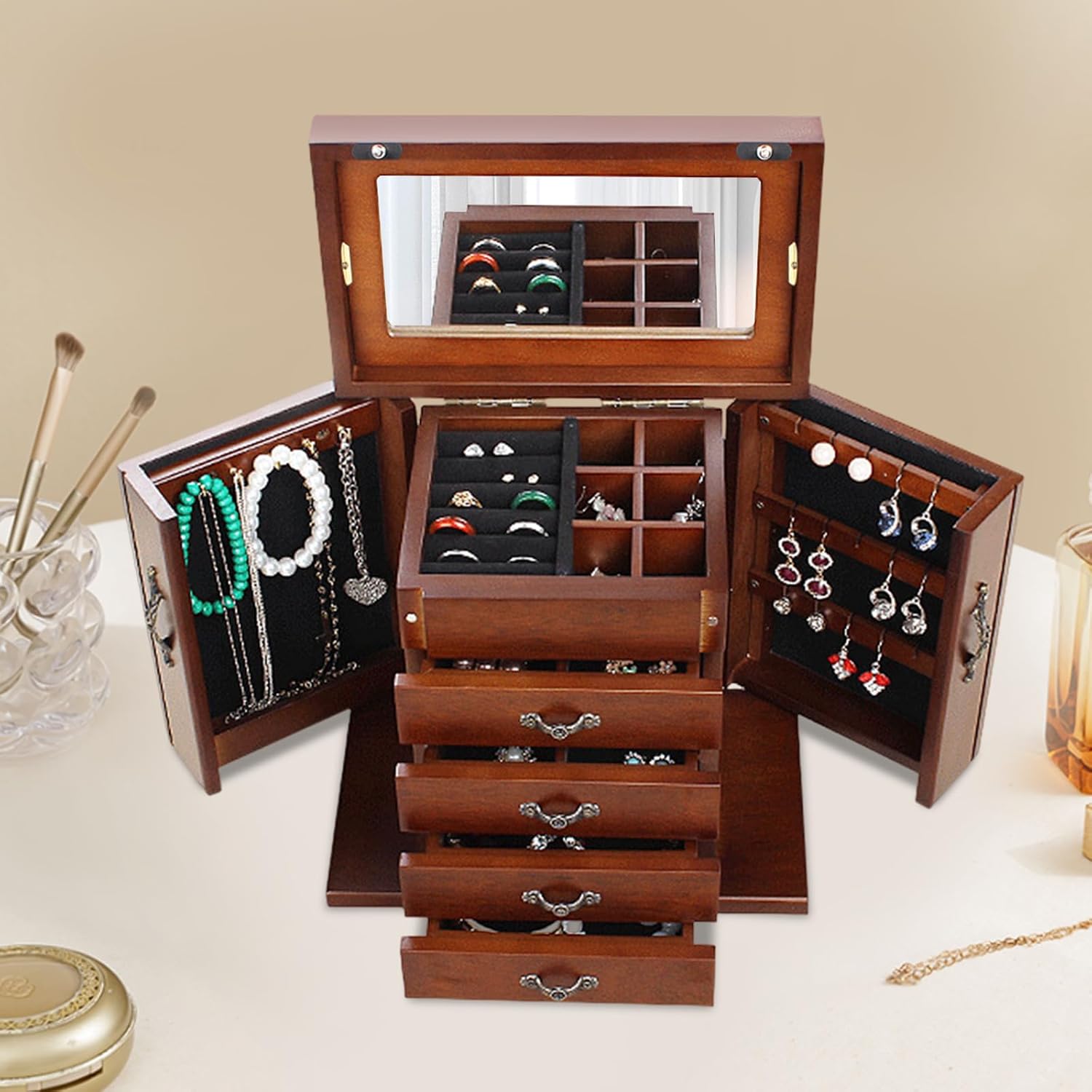 Large Wooden Jewelry Box with Built-in Mirror, 5 Drawers Jewelry Case with Side Organizer, Watches Necklace Ring Storage Box for Women - Image 7