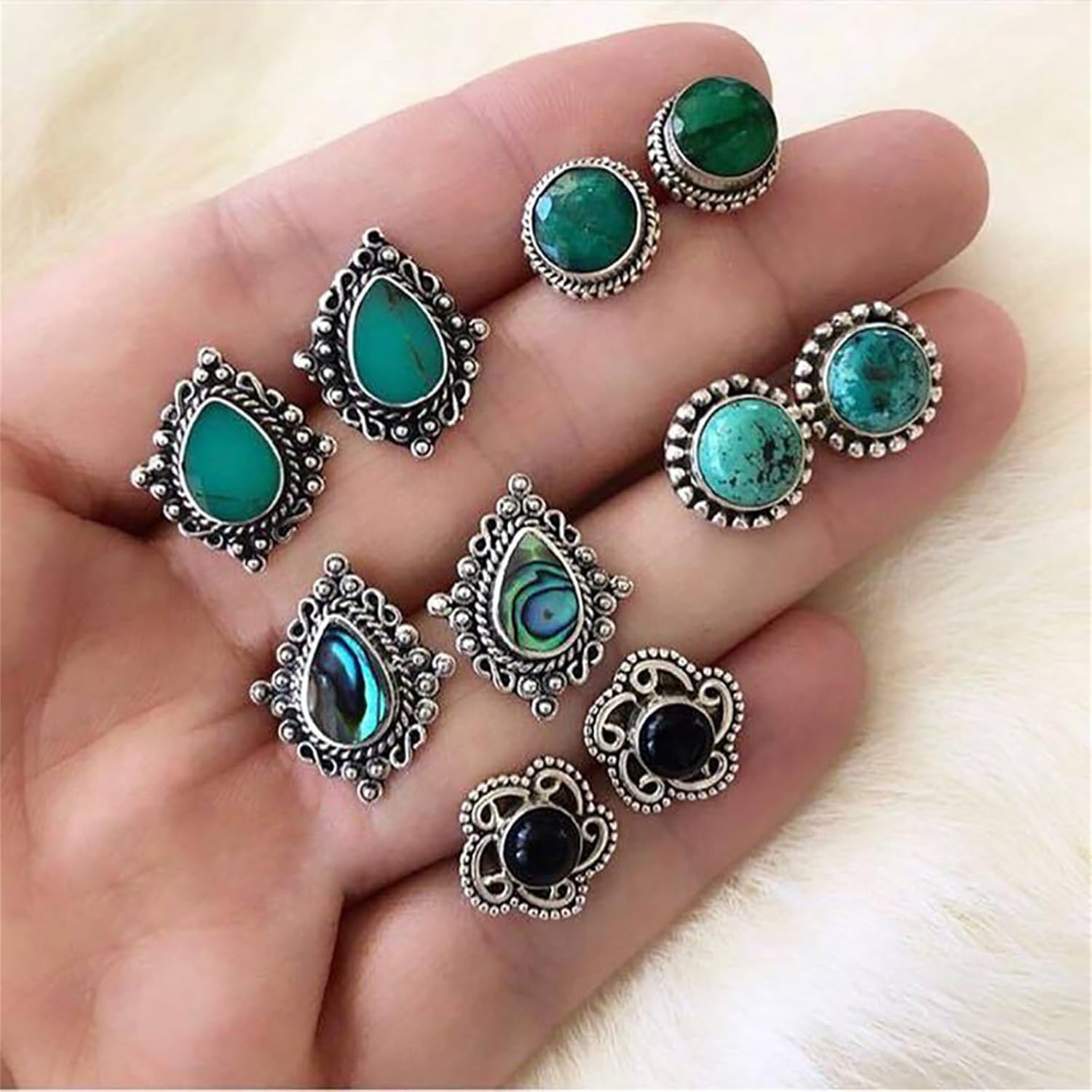 Dreuyet Turquoise Stud Earrings Set for Women Handmade Gemstone Oval Round Flower Cut Shape Square Studs Earrings Boho Turquoise Earrings Trendy Jewelry - Image 6