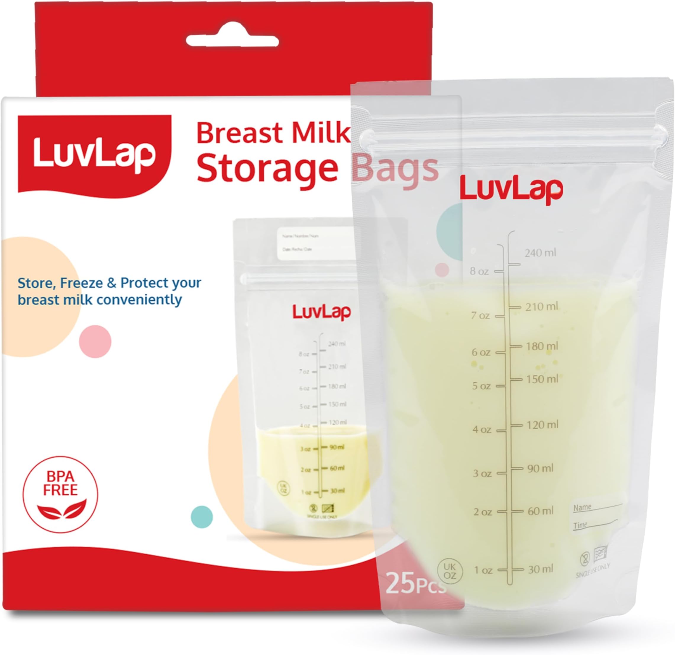 Luv Lap LuvLap Baby Breast Milk Storage Bags (Pack of 25), BPA Free Disposable Milk Freezer Bags for Breast Feeding, Transparent