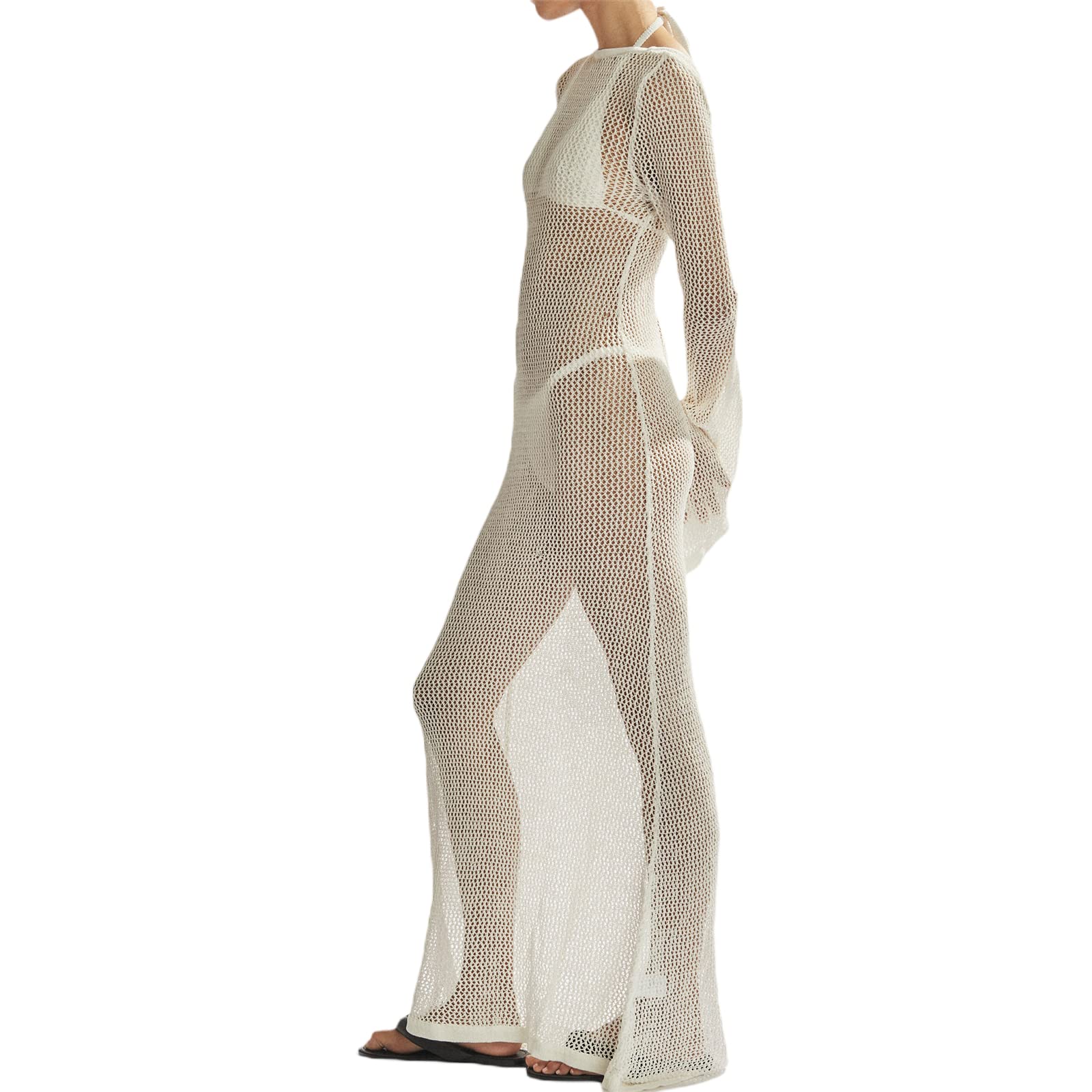Abito lungo da donna lavorato a maglia all'uncinetto, sexy, traforato, trasparente, maxi abito estivo da spiaggia