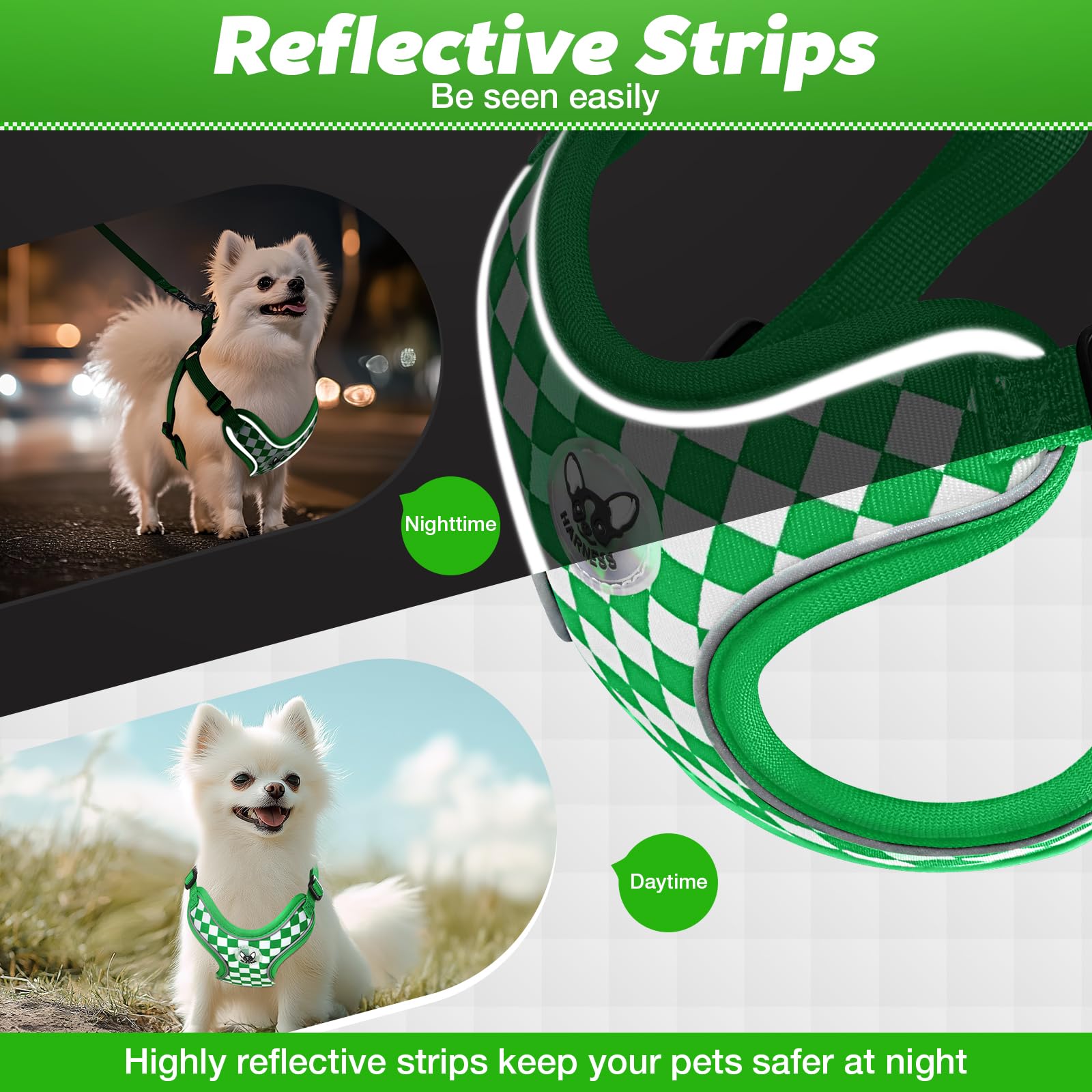 Pettorina Cane Taglia Piccola, Step-in Pettorina Anti-tiro per Cuccioli Gatti con Guinzaglio, Regolabile Riflettente Traspirante Imbracatura Cane Morbida per Passeggiate Corsa (Verde M)