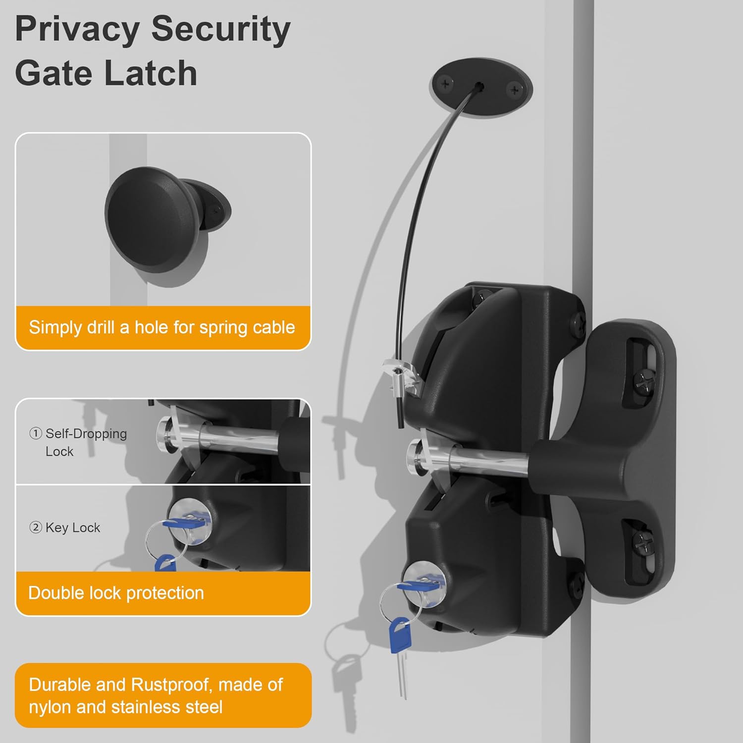 Drawstring Locking Gate Gravity Latch，The Other Side can Also be Opened, Key Lockable on One Side of Gate, for Metal, Wood, and Vinyl Fences, Black (1, Black)