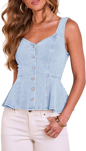 Womens Denim Tank Tops Sleeveless Sweetheart Neck Peplum Vests Button Down Fitted Jean Waistcoats