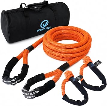 Ucreative 1" x 30 Kinetic Recovery & Tow Rope Kit Max 48,000 lbs Breaking Strength with 2PCS Synthetic Soft Shackles for Off-Road Vehicle 4WD Pick Up Truck SUV Orange