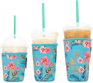 Baxendale Iced Coffee Sleeve for Cold Drink Cups - 3 Pack Neoprene Iced Coffee Sleeve Cup Sleeves for Cold Drinks, Reusable Compatible with Starbucks Dunkin, 4mm-Thick (Turquoise Floral #3)