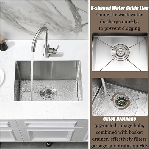 Miniatura 7 de Fregadero de cocina de 22 pulgadas para montaje inferior, fregadero de acero inoxidable de 22 x 16 pulgadas, calibre 18, hecho a mano, 8 pulgadas de