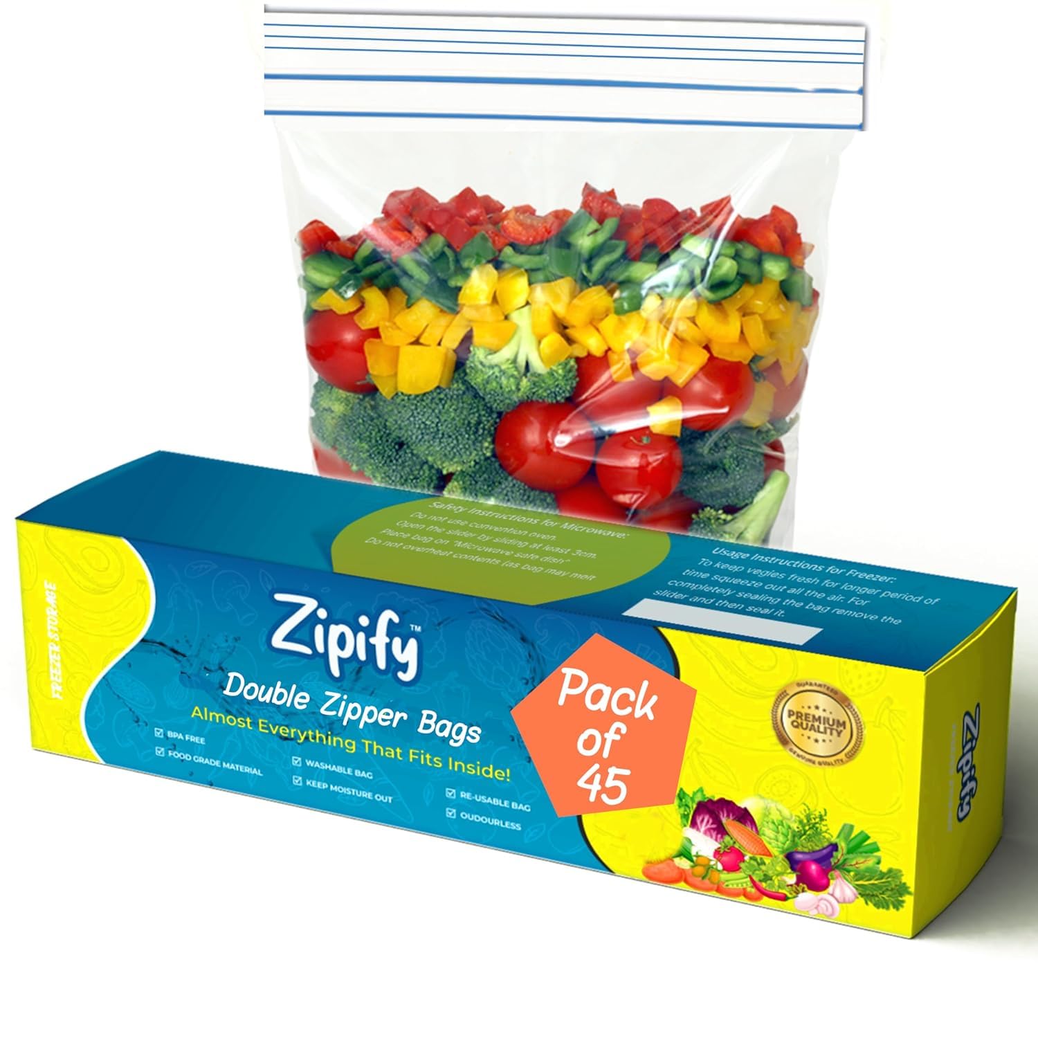 Zipifys zip lock bags for food storage - Pack of 45 | dual zipper | zip lock pouch | ziplock pouch | freezer bags