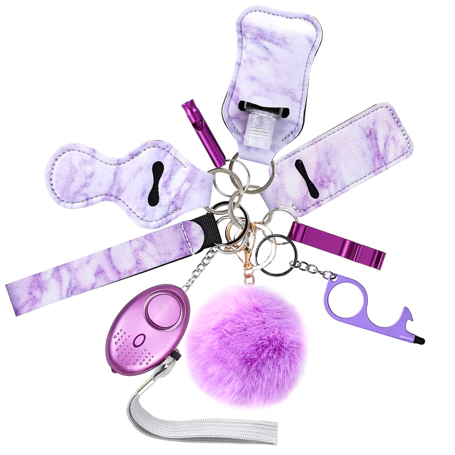 Flymind Safe Keychain Set for Girls with Personal Safety Alarm, Hand Sanitizer Holder, Whistle and Pom