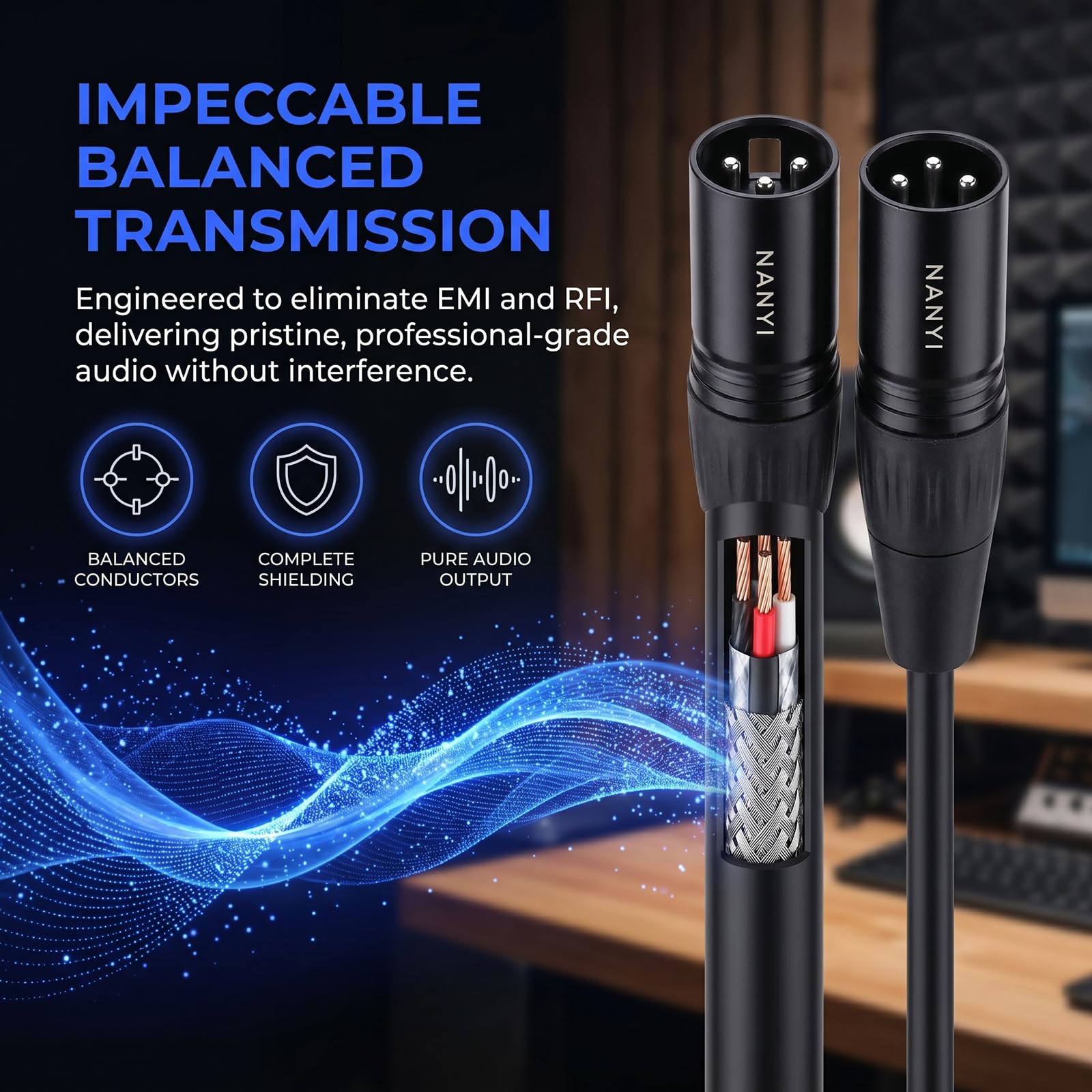 Cable de micrófono NANYI Cables XLR a XLR, Cable XLR de 3 pines Cable de micrófono macho a macho Cable DMX con cobre libre de oxígeno -0.5 metros