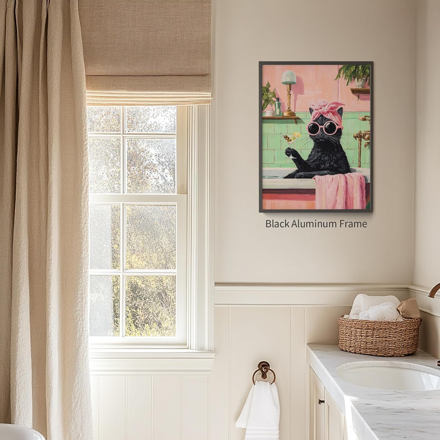 Funny Bathroom Canvas Wall Art Humorous Black Cat Pictures Prints Cute Animal Posters 24x36in Black Framed Trendy Eclectic Cat Room Decor Aesthetic Pink for Home Decoration Kids Bathroom Toilet