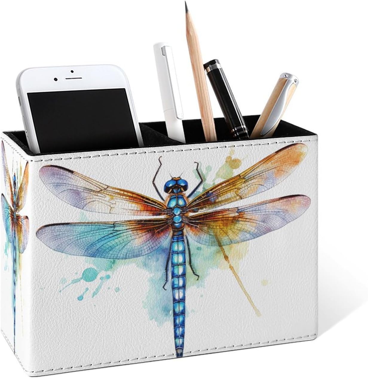 Famame Birds & Butterfly Tree Leather Pencil Holder - 2 Compartment Desk Organizer For Pens & Makeup Brushes