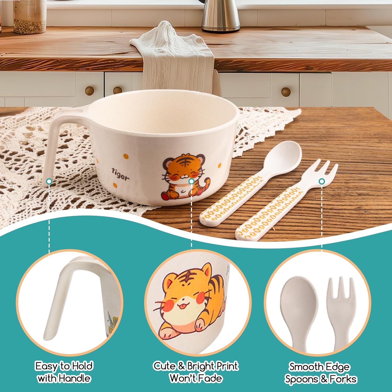 shopwithgreen Bamboo Kids Bowls Set, 4 Reusable Small Bowls for Baby Toddlers, Dinnerware Cereal Snack Soup Rice Bowl with 4 Spoons & Forks, Dishwasher Safe Bamboo Baby Food Bowls, BPA Free, 14.5 OZ