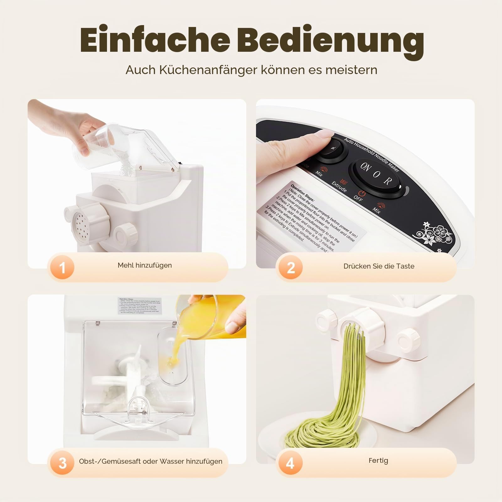 Elektrische Nudelmaschine Vollautomatische 260W mit 9 Aufsätzen, Automatische Nudelmaschine für Nudeln, Pasta, Teigtaschen, bis zu 500g Mehl, 3-Minuten Knetvorgang