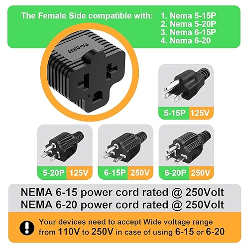 Miniatura 4 de [Paquete de 10] Enchufe de CA 4 en 1 de 15 amperios para el hogar a adaptador de hoja T de 20 amperios, 5-15P a 5-20R, 5-15P a 6-20R, adaptador de