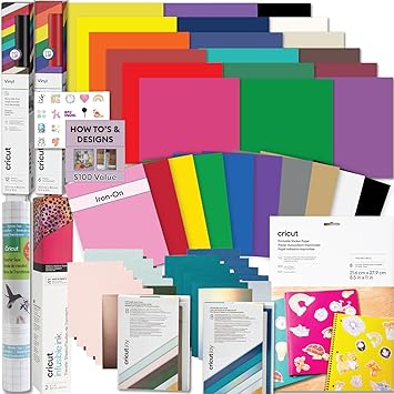 Cricut Deluxe All-in-One Materials and Accessories Bundle - 70+ Piece Beginner Sampler Material Kit for Cricut Explore Air and Maker Machines- Vinyl, HTV, Card Making Packs, and Sticker Paper
