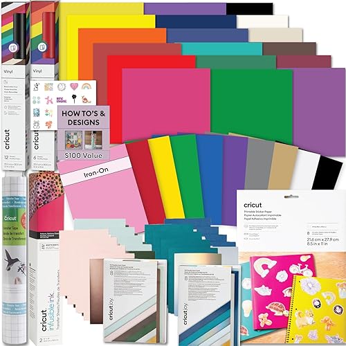 Cricut Deluxe All-in-One Materials and Accessories Bundle - 70+ Piece Beginner Sampler Material Kit for Cricut Explore Air and Maker Machines- Vinyl, HTV, Card Making Packs, and Sticker Paper
