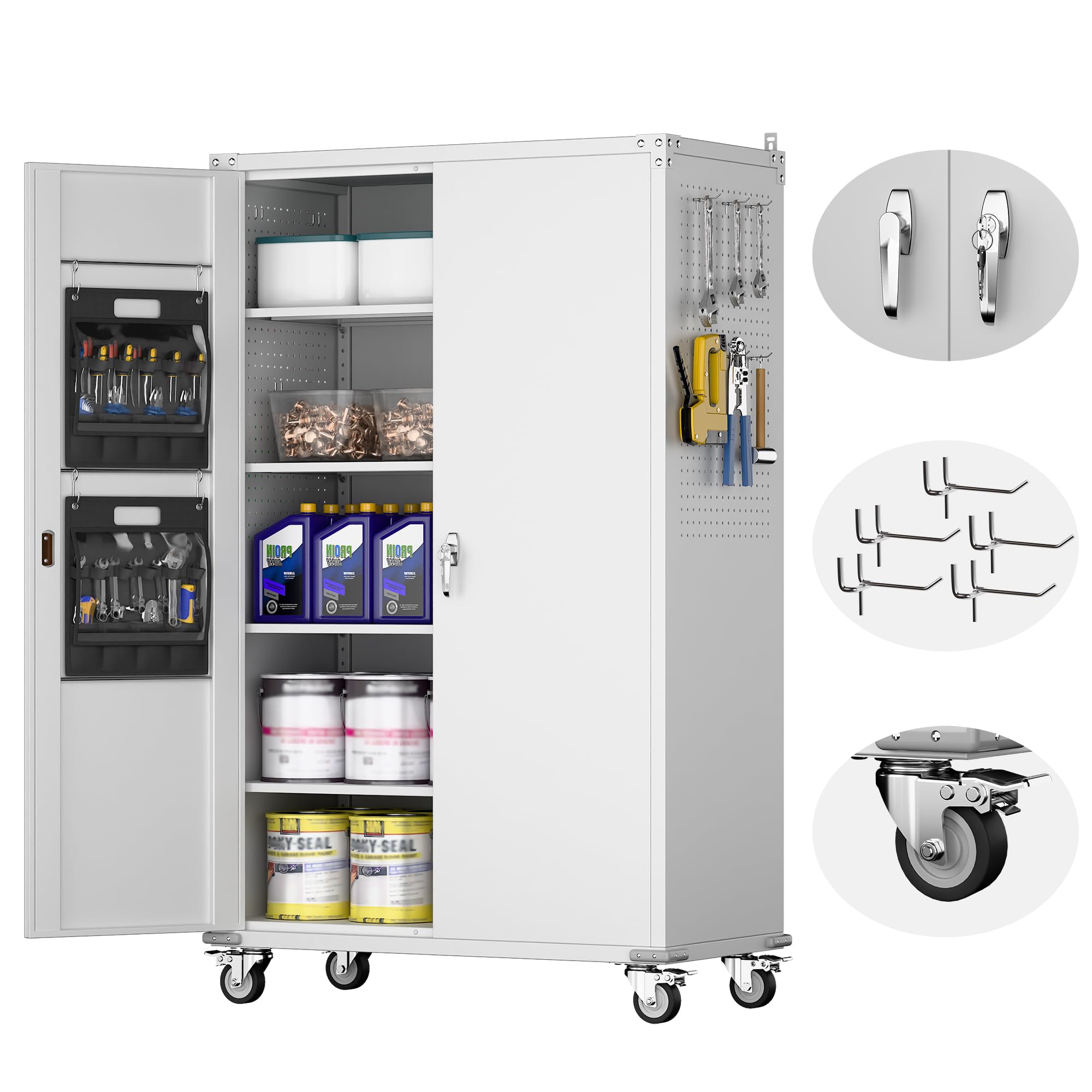 72" H Wide and Deep Garage Storage Cabinet with Wheels & Pegboard, Large Locking Metal Storage Cabinet with 2 Doors and 4 Adjustable Shelves for Garage, Home, Assembly Required, White