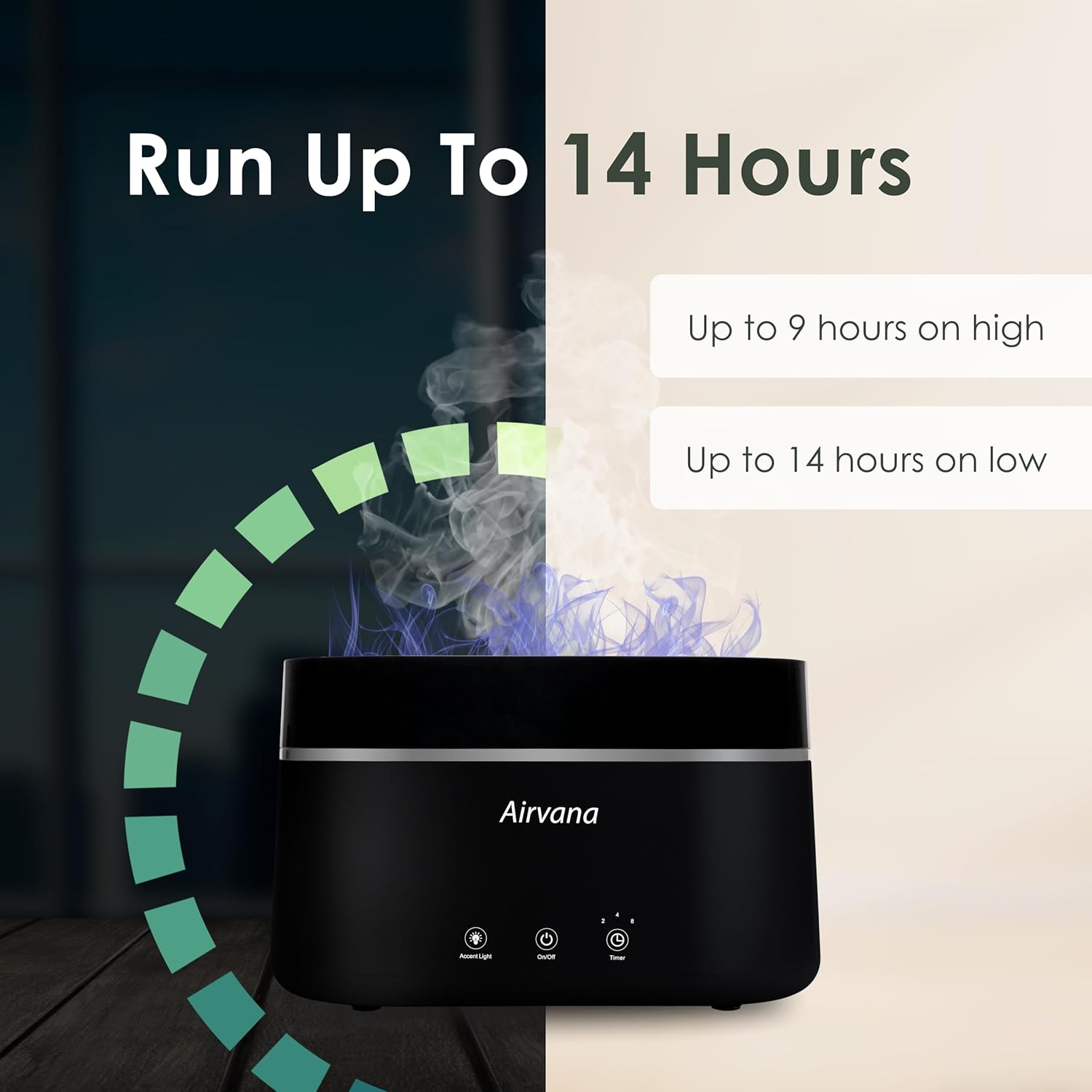 Diagram illustrating the run time of the Airvana AquaFlame Humidifier, showing up to 9 hours on high and up to 14 hours on low settings.