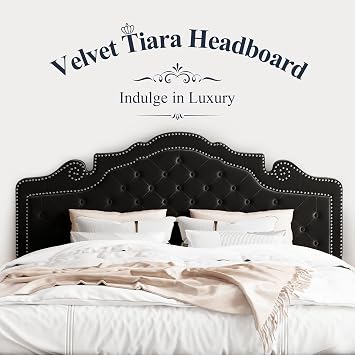 Allewie King Bed Frame with Adjustable Velvet Tiara Headboard, Upholstered Diamond Button Tufted Platform Bed, Wood Slats Support, No Box Spring Needed, Mattress Foundation, Easy Assembly, Black