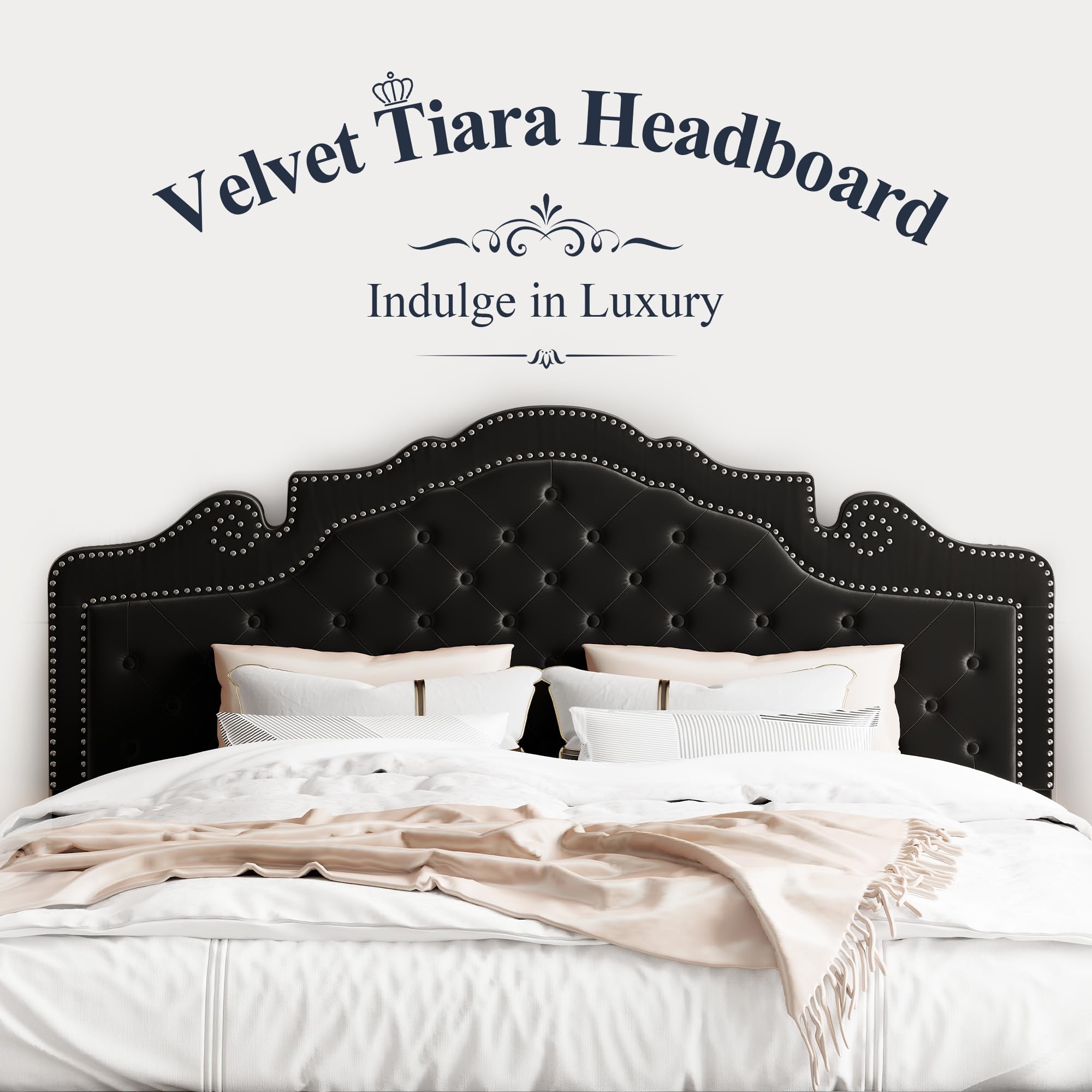 Allewie King Bed Frame with Adjustable Velvet Tiara Headboard, Upholstered Diamond Button Tufted Platform Bed, Wood Slats Support, No Box Spring Needed, Mattress Foundation, Easy Assembly, Black: Black King
