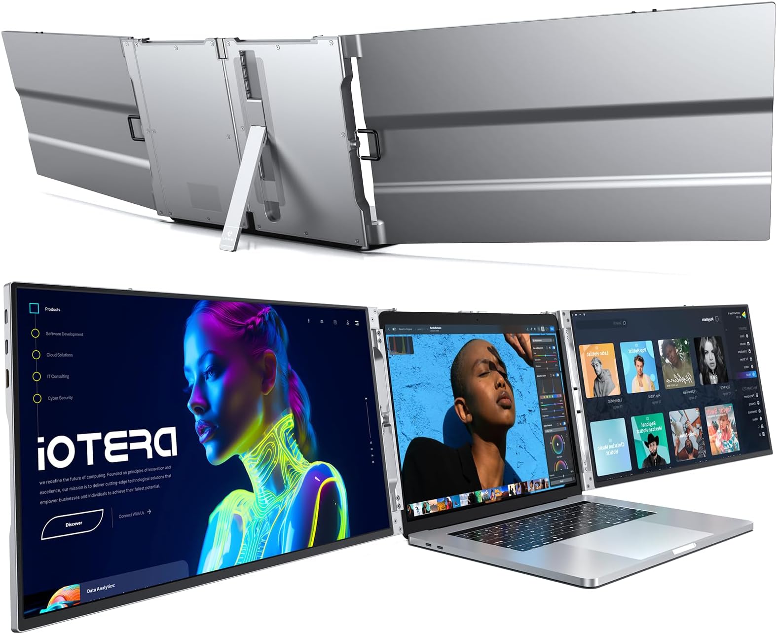 L LIMINK 15inch Portable Triple Monitor for Laptop, 1080P USB C HDMI Al Alloy Narrow-Bezel IPS Triple Screen Laptop Monitor Extender, Travel Dual Laptop Screen Extender for Mac/Win 13-16" Laptop -LK15