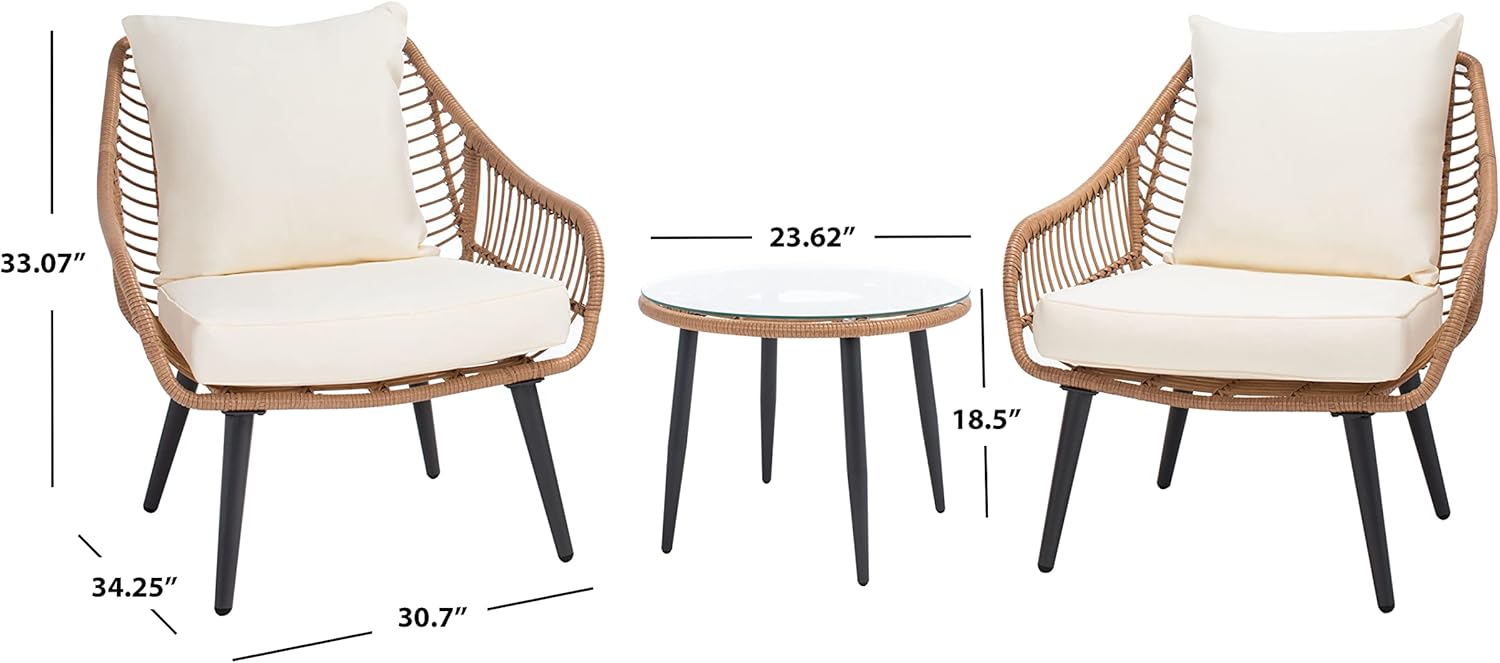 Natural Rattan and Beige Cushion 3-Piece Patio Lounge Set