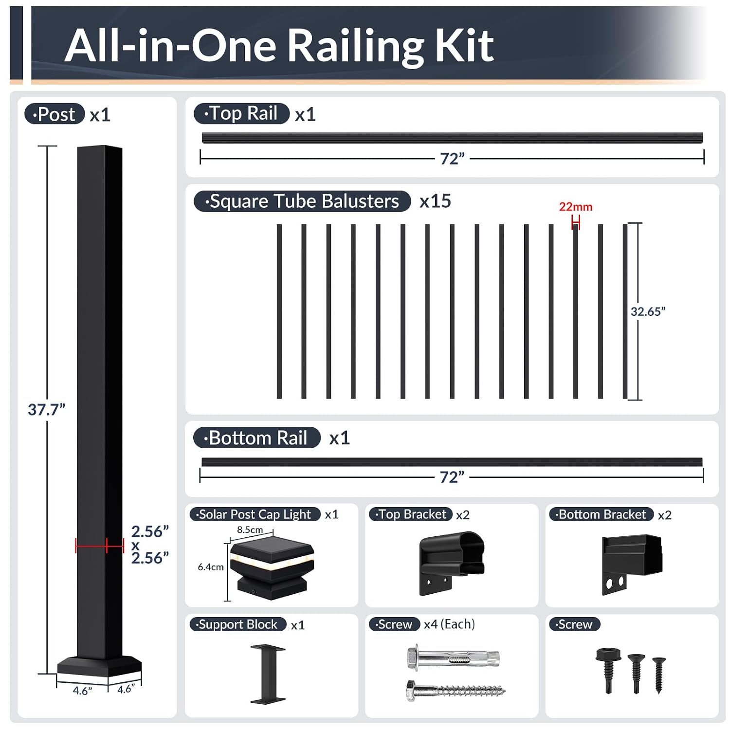 Egadis 36 in. H x 6 ft. W Porch and Deck Railing Kit with Light, Black Textured AAMA 2604 Powder-Coat Finish Modular Aluminum Railing Kit for Outdoor Decks, Porches & Balconies (1 Post, 1 Panel)