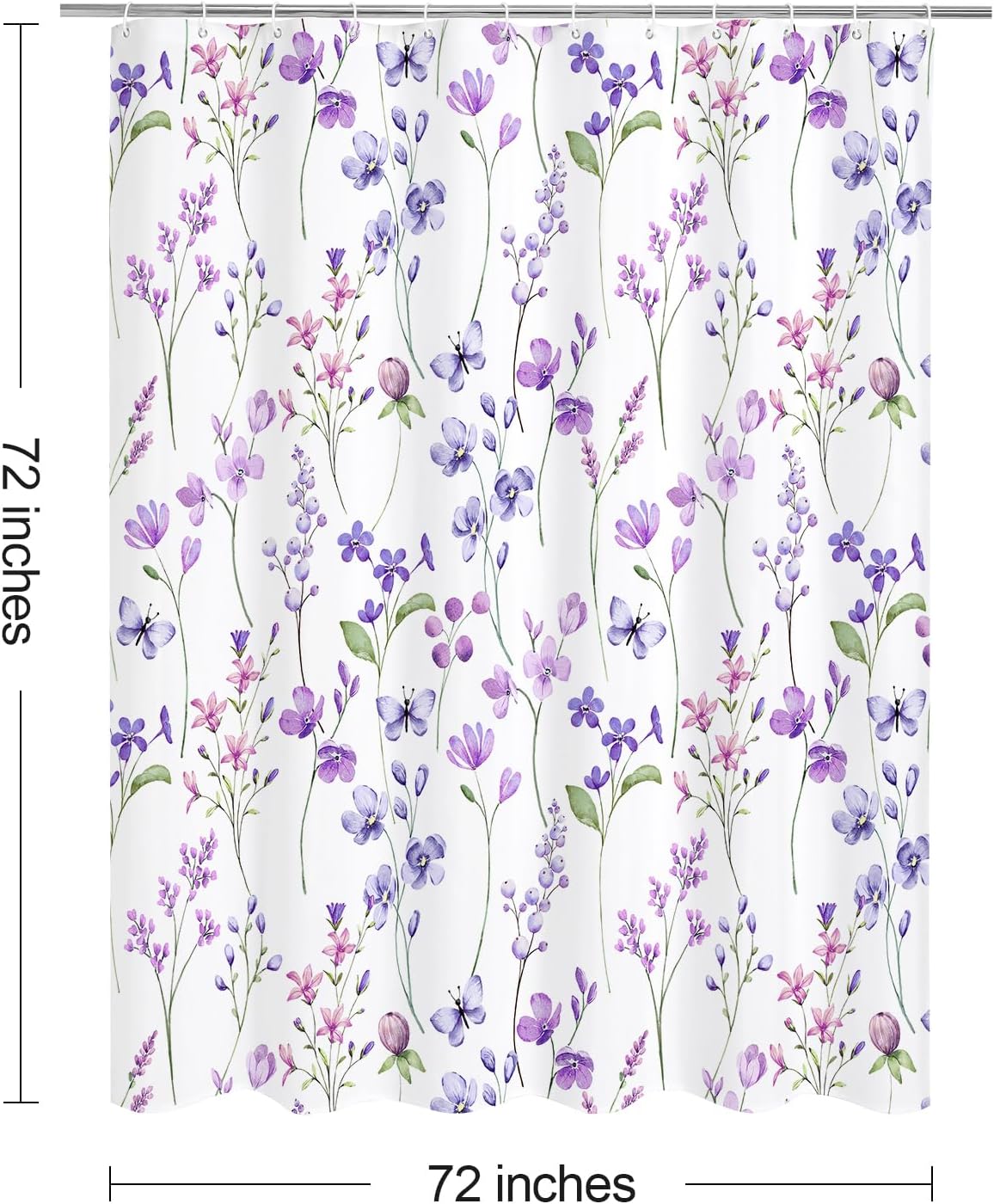 Litabel Watercolor Floral Shower Curtain, Purple Butterfly Flower Shower Curtain for Bathroom, Modern Minimalist White Waterproof Fabric Shower Curtain Set, 72x72 Inch