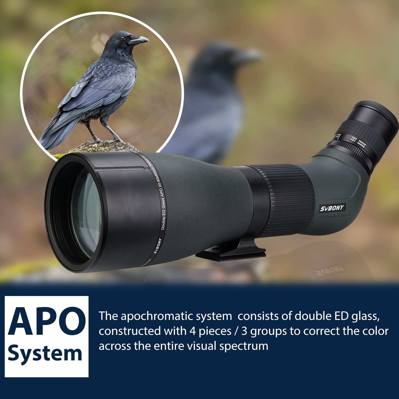 Svbony SA401 APO Lunety Obserwacyjne 20-60x85, Dwukrotnie ED Szkło Spotting Scope Precyzyjna Focus, Wodoodporna Fogproof Teleskop Kątowy Spektiv do Birdwatching, Natura