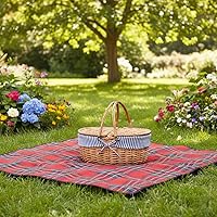 Vista 7 de Cesta de picnic de mimbre con tapa y asa, cuerpo tejido resistente con forro lavable, rayas azules