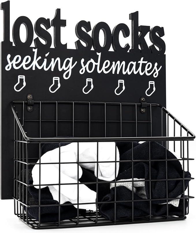 Lost Socks Basket for Laundry Room, Cutout Letters Lost Socks Laundry Room Decor Organization, Rustic Farmhouse Wooden Laundry Basket Sign Wall Decor With Attached Basket Black